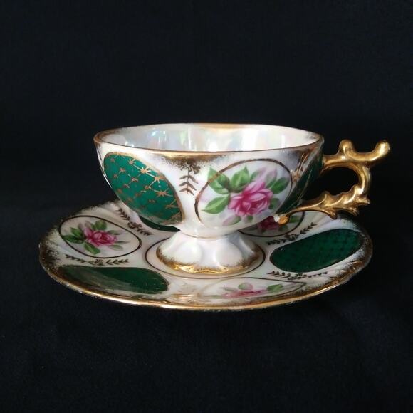 Vintage Japan Lustre Ware Pedestal Cup n Saucer Pink Rose Green Panels Gold Trim - Picture 16 of 16